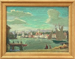 "Cape Ann Harbor" American Impressionist 20th Century Oil Painting Coastal Scene