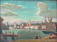 "Cape Ann Harbor" American Impressionist 20th Century Oil Painting Coastal Scene