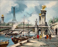 "Banks of the Seine" Post-Impressionist Eiffel Tower Scene Oil Painting Canvas