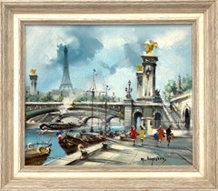 "Banks of the Seine" Post-Impressionist Eiffel Tower Scene Oil Painting Canvas