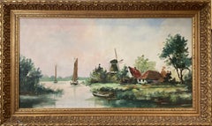 "Riverside Landscape" Oil Painting on Canvas in a Dutch-Flemish Style Framed