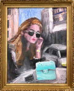"Amsterdam Cafe" Haute Couture Street Scene Impressionistic Oil Painting Framed
