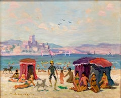 « Plage d'Antibes » : peinture à l'huile sur panneau représentant une scène de plage colorée, encadrée