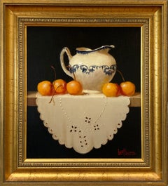"Davenport Flow Blue Creamer, Cherries & Madeira" Still Life Oil Painting