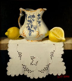 "Grindley Rose Creamer, Limoni e Madeira" - Natura morta, dipinto a olio incorniciato