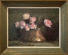"Farm House Roses" American Impressionist Still Life Oil Painting Framed