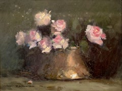 "Farm House Roses" - Natura morta impressionista americana, dipinto a olio incorniciato