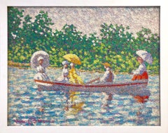 „Day On The Lake“ – pointillistisches Impasto-Landschaftsgemälde in Öl auf Leinwand, gerahmt