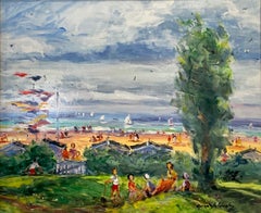 „Le Jardin Sur La Plage“ – Ölgemälde auf Leinwand eines französischen Impressionisten, gerahmt