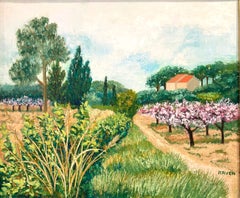 „Kirschblüten auf dem Land“ – impressionistisches Landschaftsgemälde in Öl