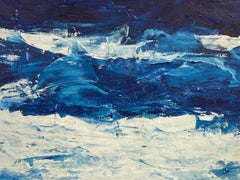 "Blue Whales Awash" Blue & White Abstract Mid Century Oil Painting on Canvas