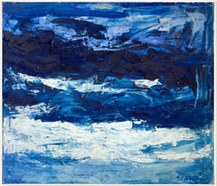 "Blue Whales Awash" Blue & White Abstract Mid Century Oil Painting on Canvas