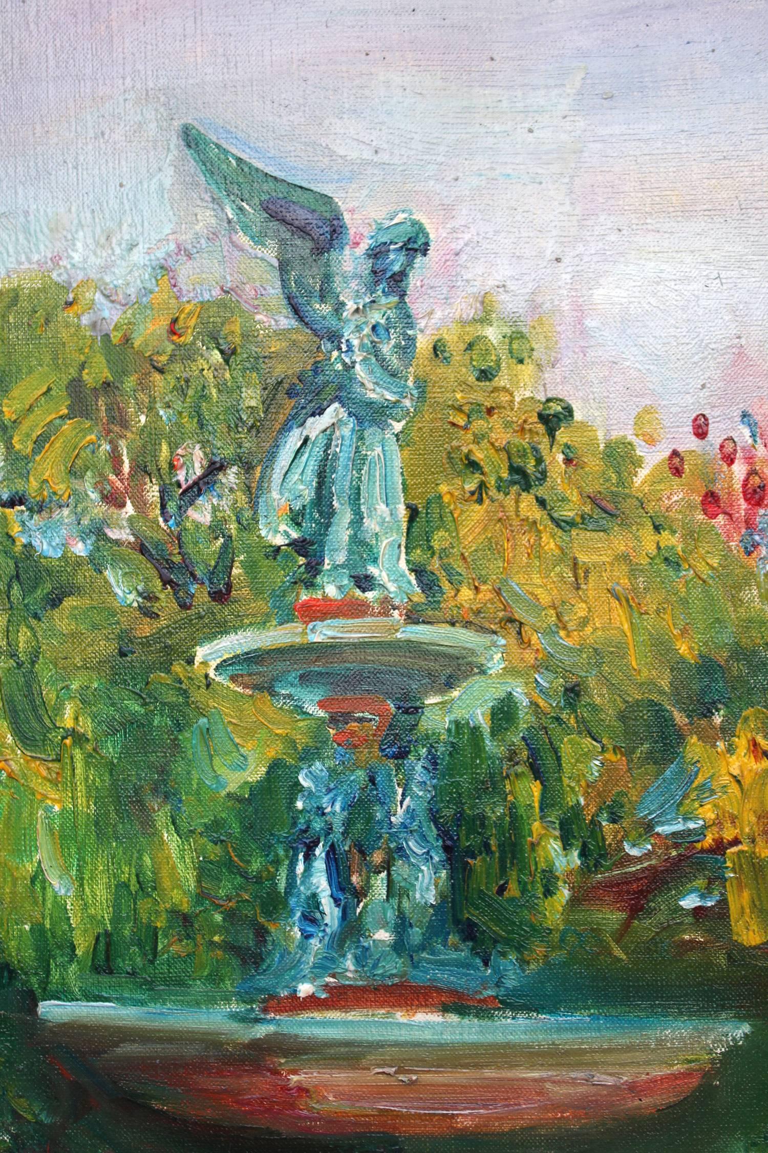 This painting depicts a whimsical scene of the dearly iconic Bethesda Fountain in New York City's Central Park. The bright colors and quick brush strokes are what make this painting so attractive and desirable. The piece is done in a highly
