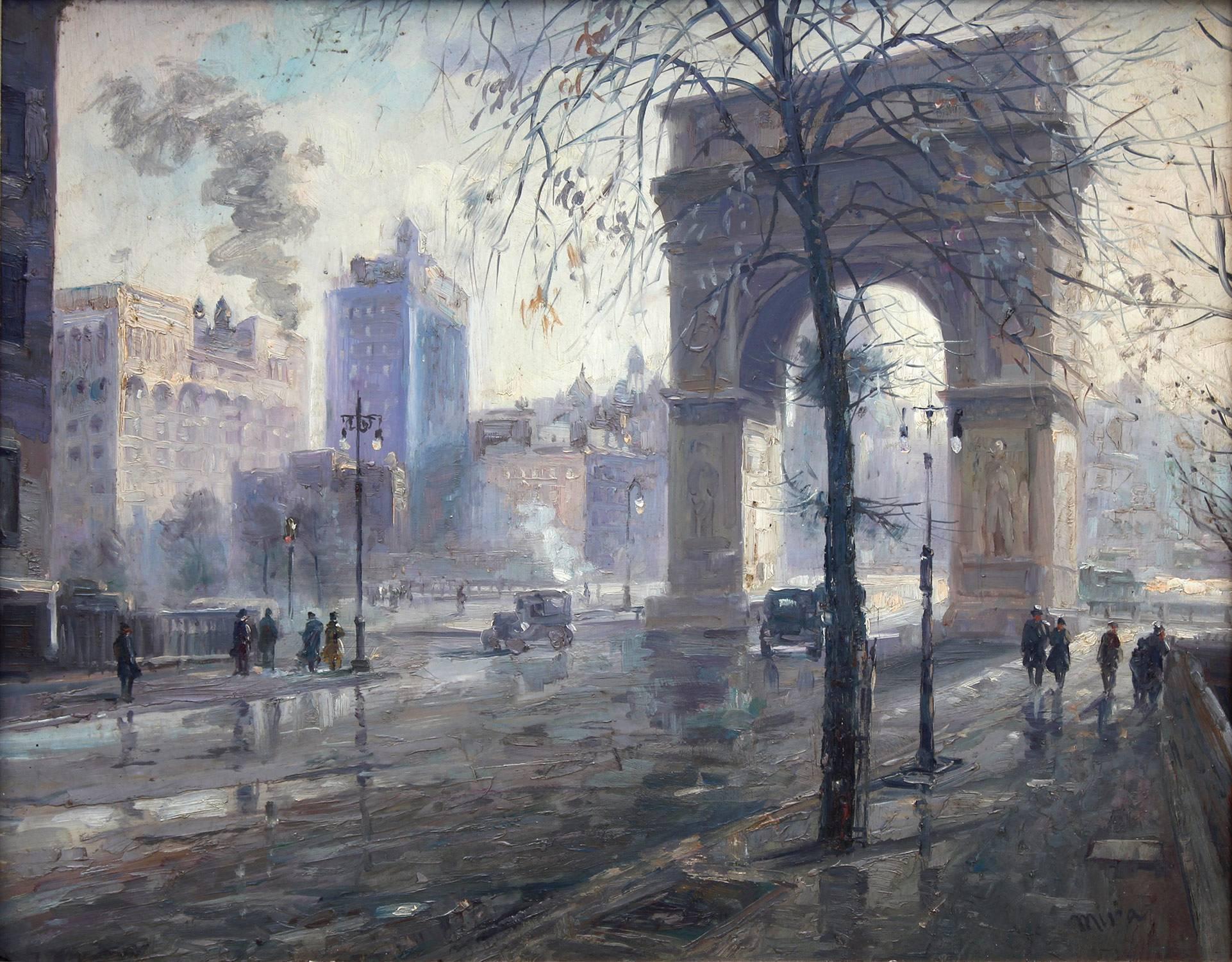 Rainy Day in Washington Square Park - Painting by Alfred S. Mira