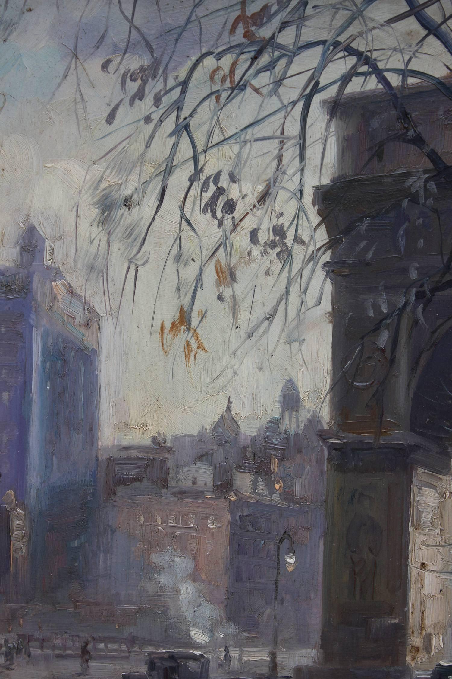 Rainy Day in Washington Square Park - Impressionist Painting by Alfred S. Mira