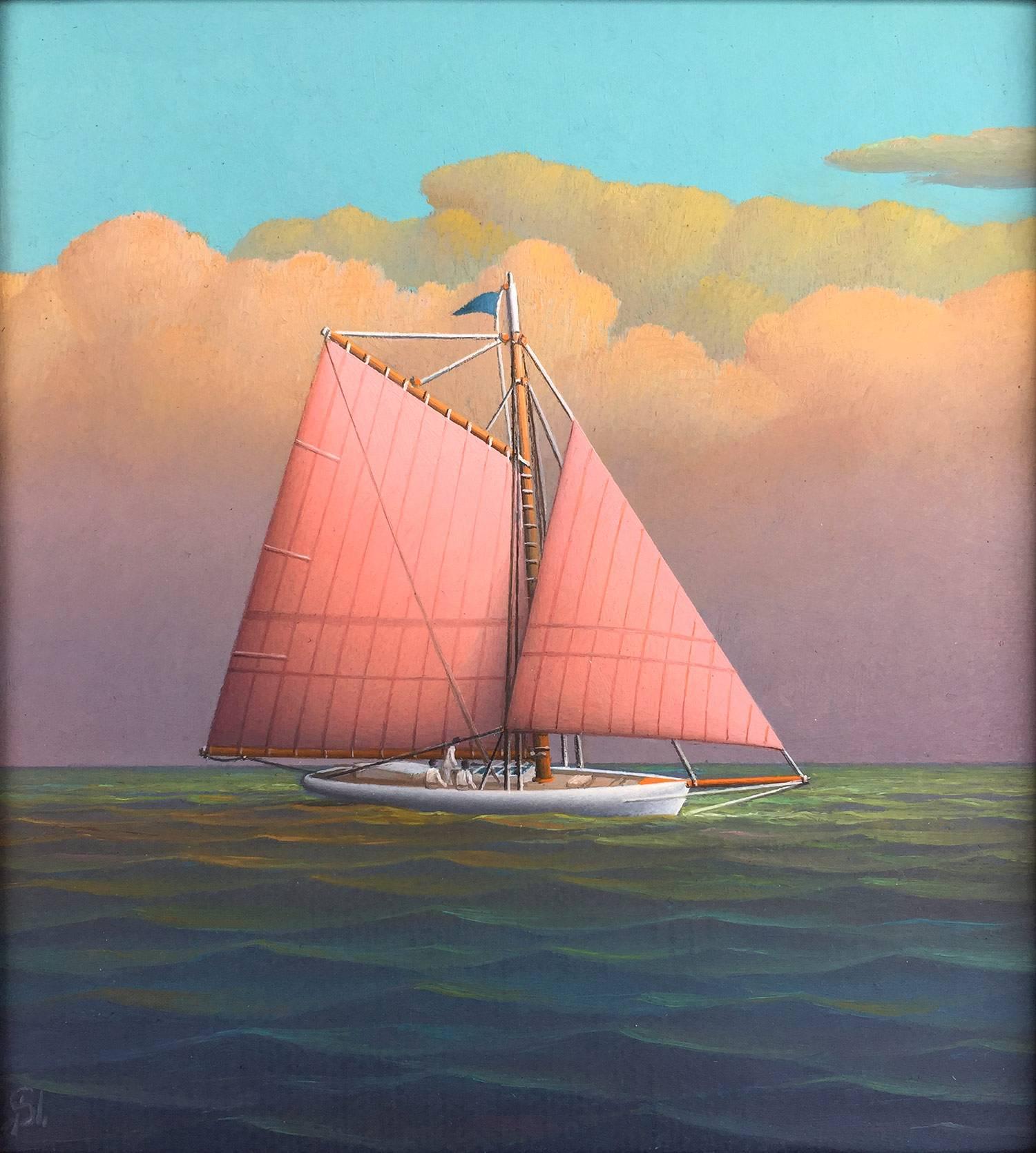 Pittura a olio su tela realista di barca a vela in mare aperto, 