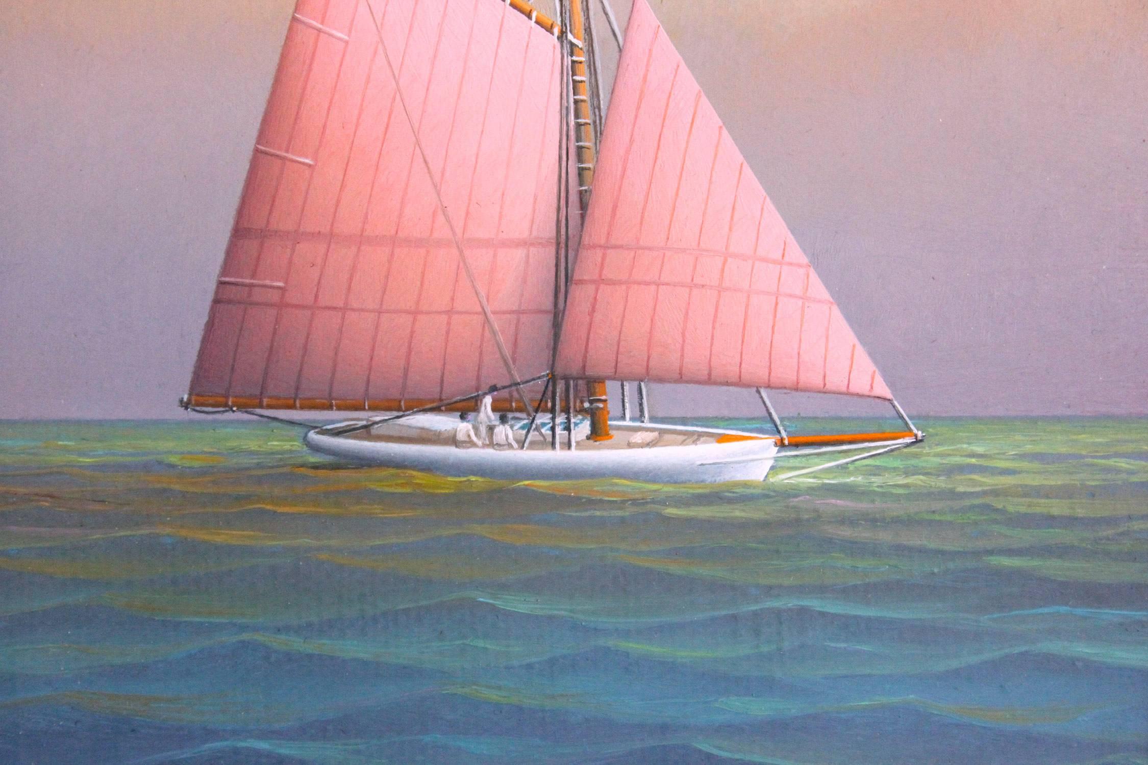 « Tranquil Sailing », peinture à l'huile réaliste sur toile représentant un voilier en mer ouverte - Marron Landscape Painting par George Nemethy