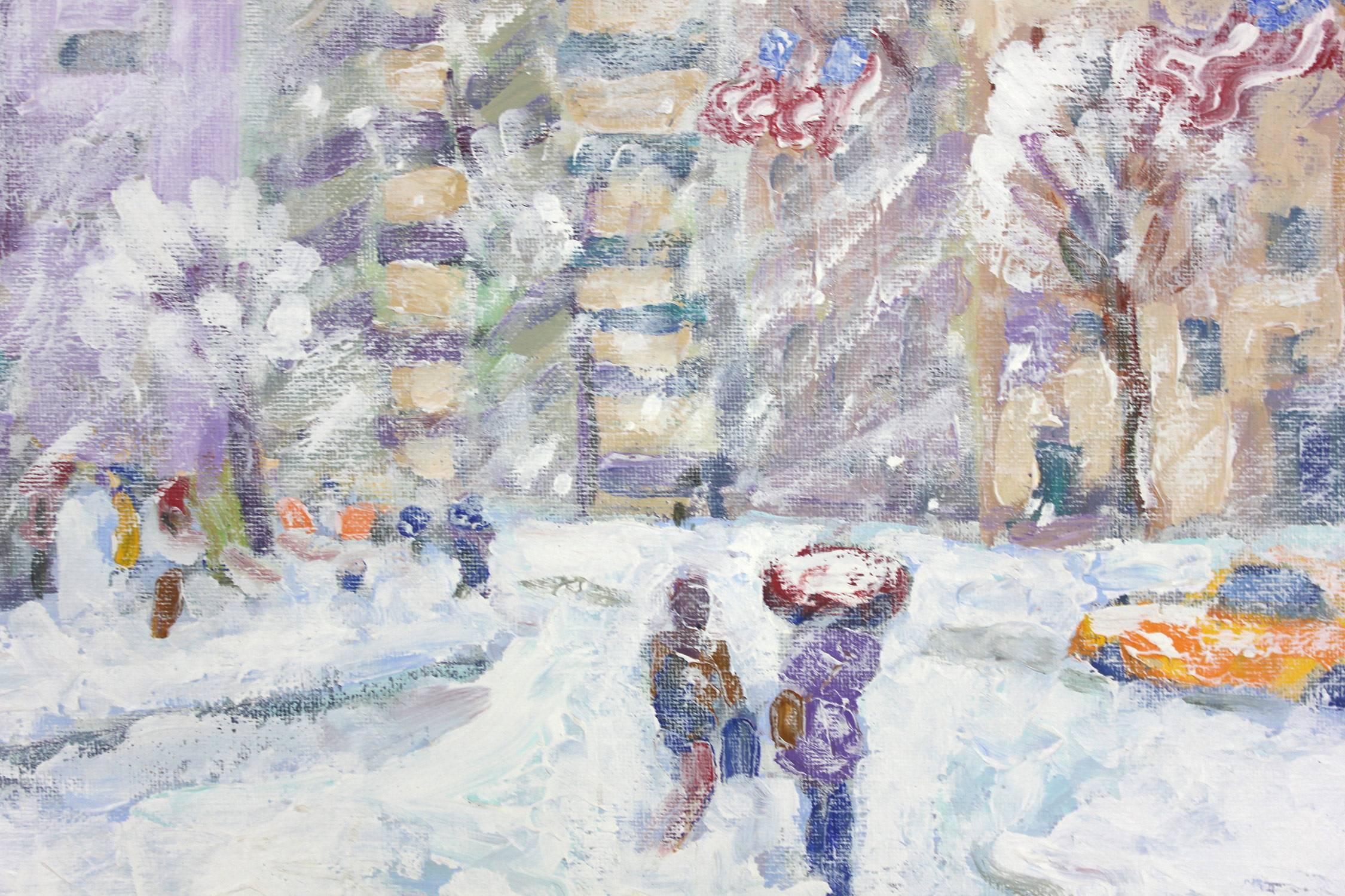 A scene of iconic Columbus Circle in Manhattan depicting the snowstorm in a most intimate, yet energetic way. Crimmins is known for capturing on sight scenes of Manhattan and Long Island, engaging his audience with quick use of brushwork and great