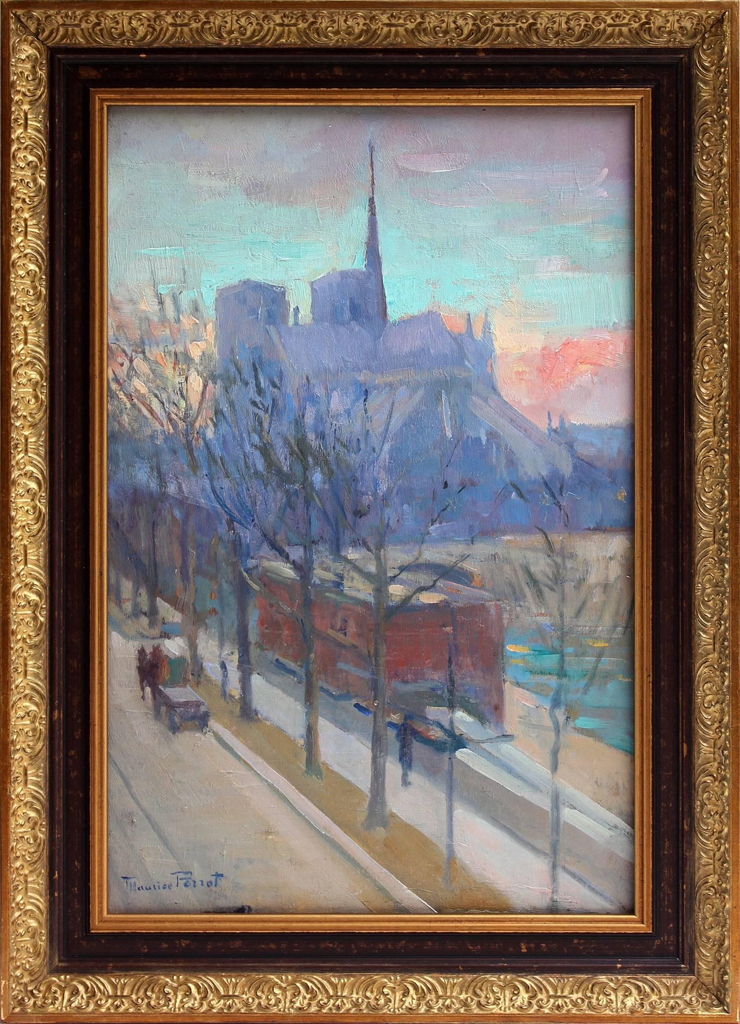 Maurice F. Perrot Landscape Painting - "Scene of Notre Dame Paris" French Impressionist Oil on Wood Board Painting