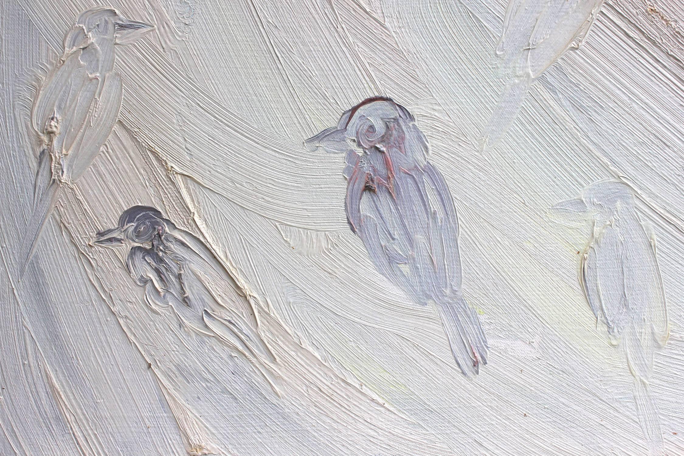 A wonderful composition of one of Slonem's most iconic subjects of birds. The thick use of paint is greatly recognizable as he slathers on layer after layer. He then draws in these whimsical birds as if they are in motion, either perched or about to