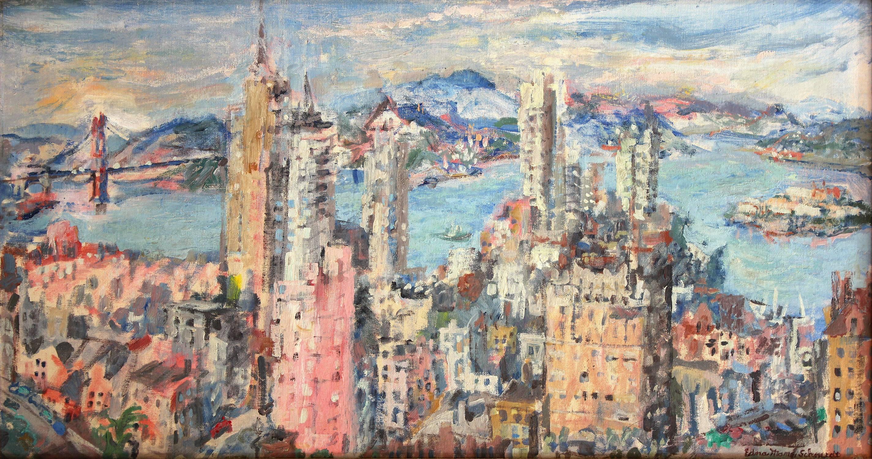 Abstrakt-impressionistische Stadtlandschaft, Ölgemälde auf Karton, San Francisco Bay – Painting von Edna Marie Schmidt