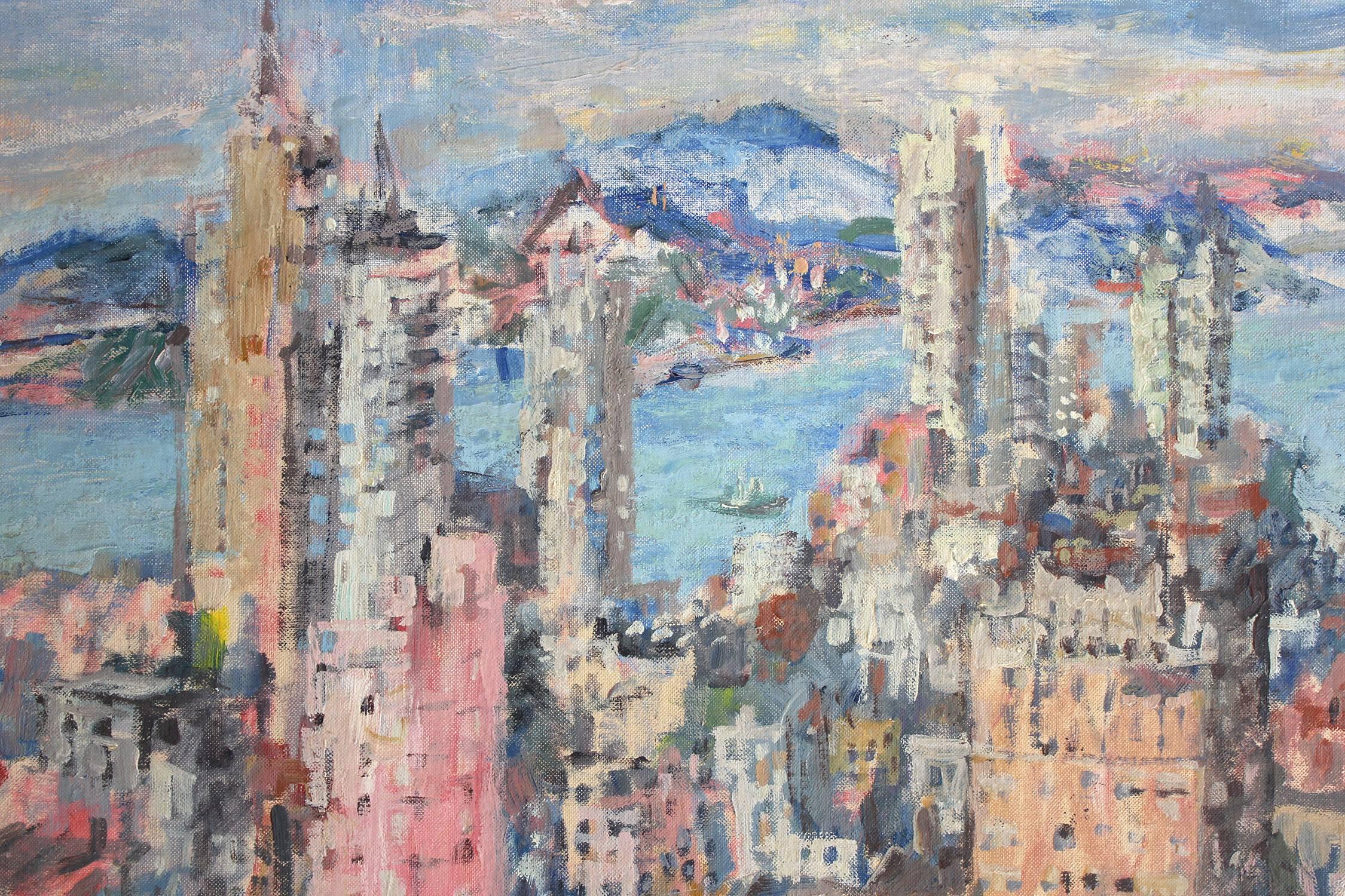 Peinture à l'huile sur panneau - paysage impressionniste abstrait de la baie de San Francisco - Impressionnisme abstrait Painting par Edna Marie Schmidt