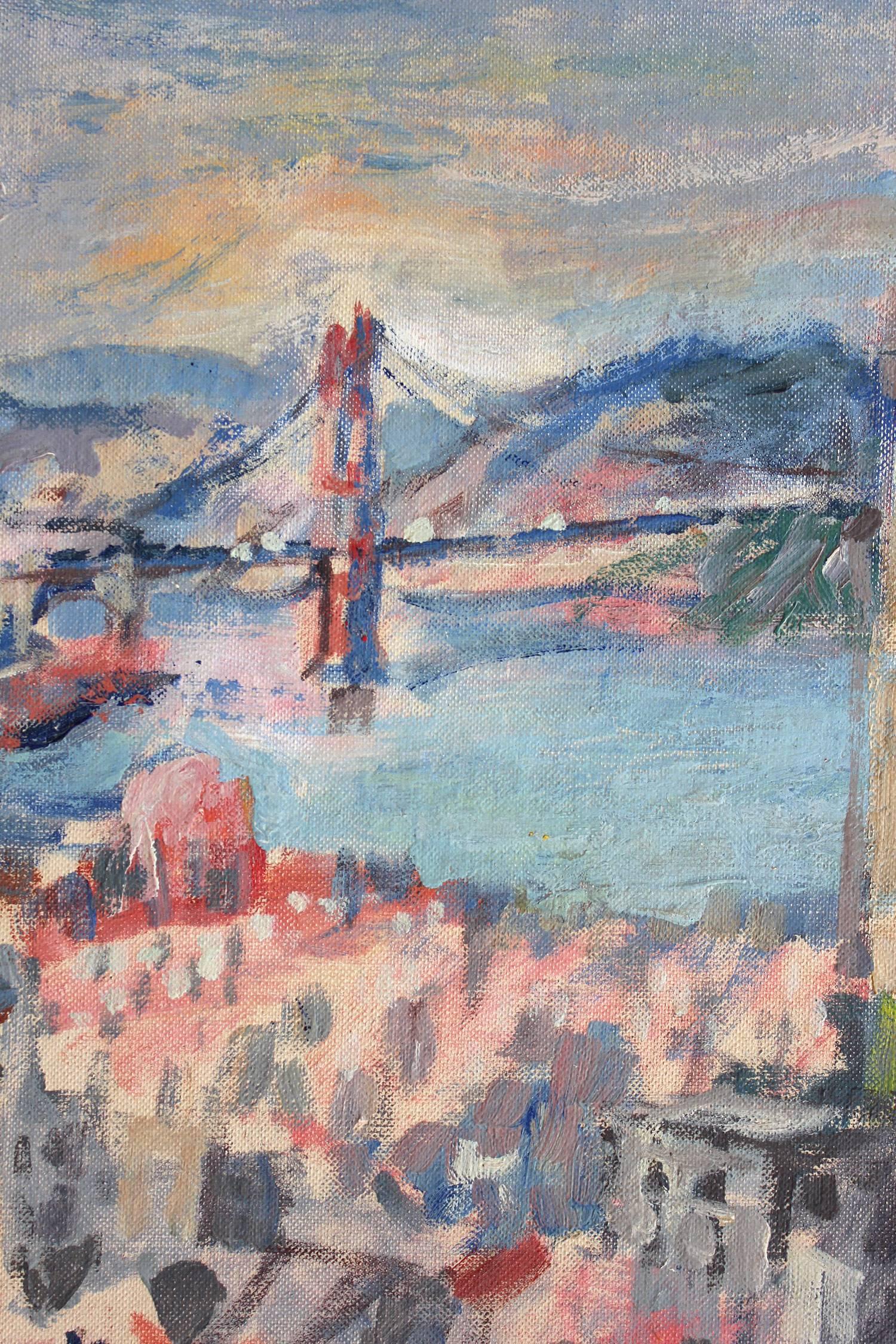 Peinture à l'huile sur panneau - paysage impressionniste abstrait de la baie de San Francisco - Marron Landscape Painting par Edna Marie Schmidt