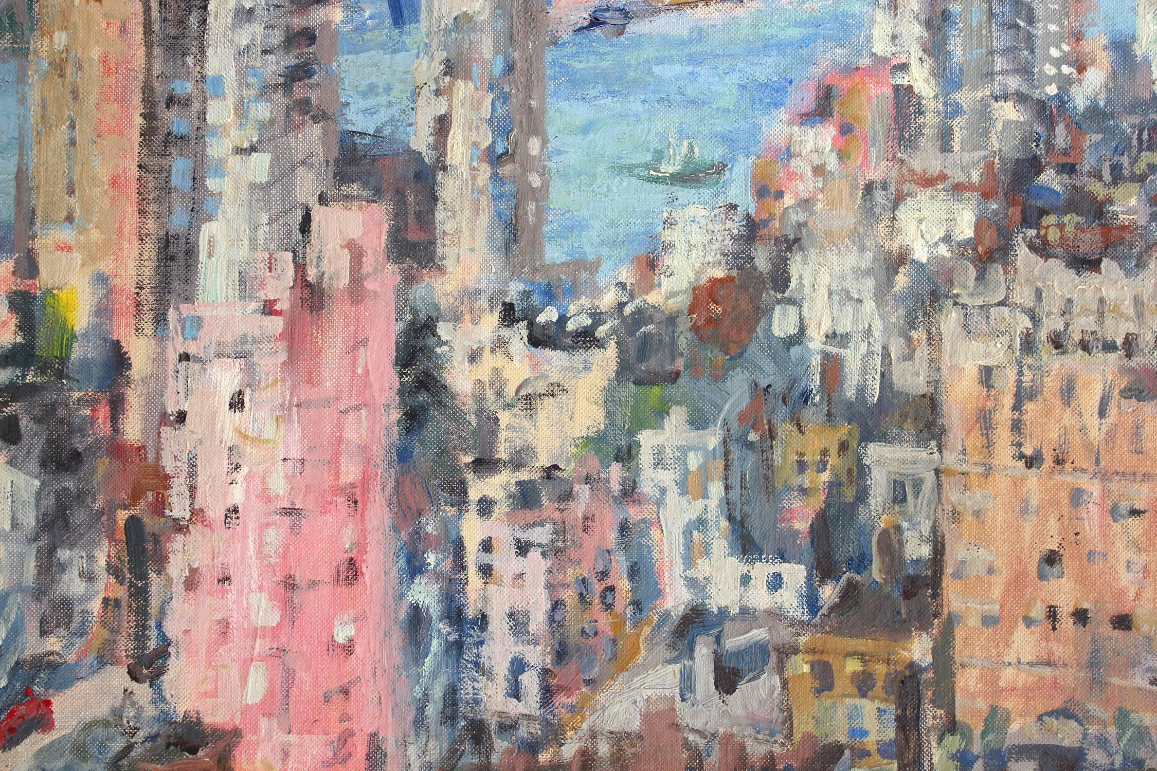 Abstrakt-impressionistische Stadtlandschaft, Ölgemälde auf Karton, San Francisco Bay im Angebot 1