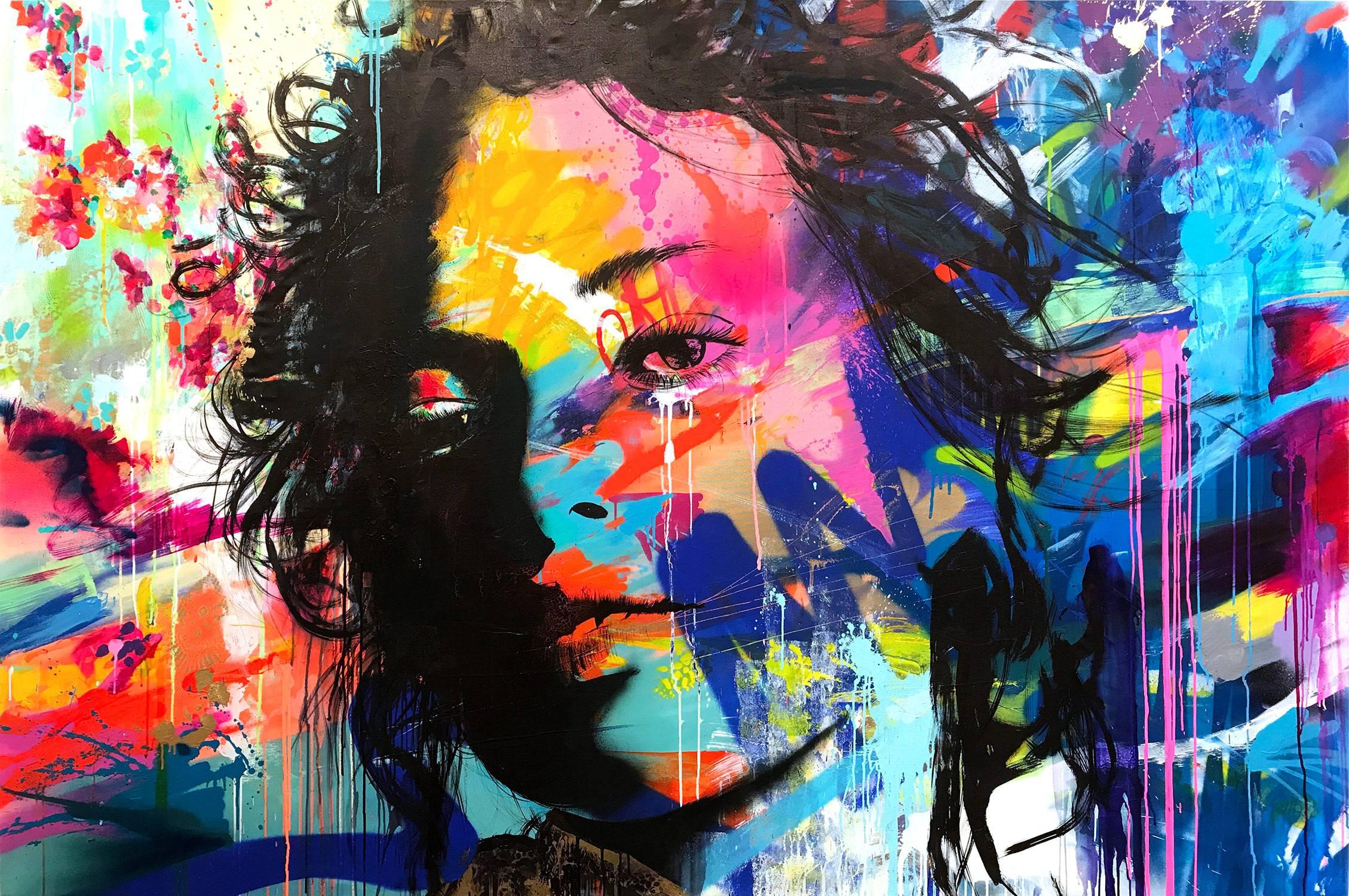 J.M. Robert Portrait Painting - "Les Beaux Jours" The Good Days Colorful, Abstract Street Art, French Art