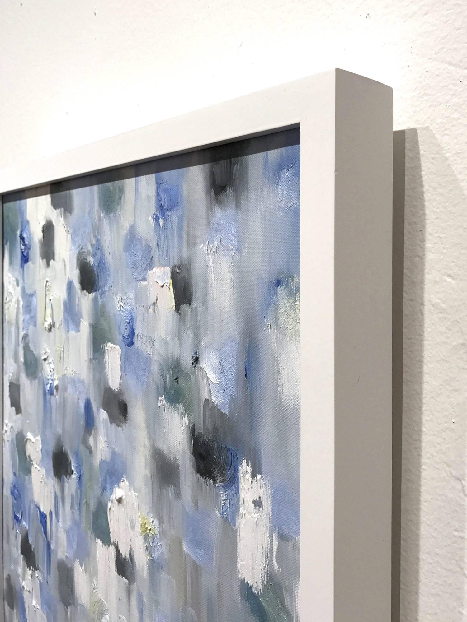 Dripping Dots, Periwinkle - Gray Abstract Painting by Cindy Shaoul