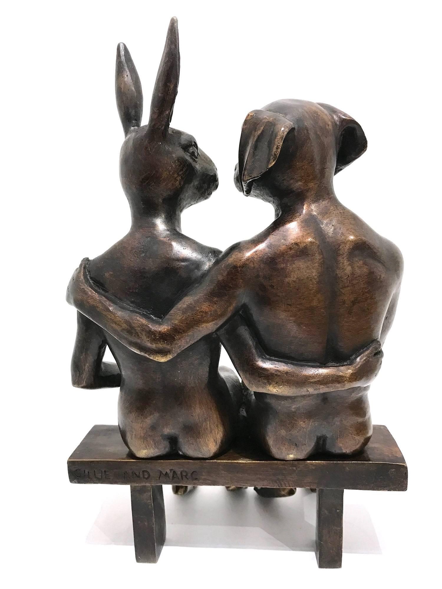 A whimsical yet very strong piece depicting the Rabbit and Weim from Gillie and Marc's iconic figures of the Dog/Bunny Human Hybrid, which has picked up much esteem across the globe. Here we find these characters seated on a bench with arms around