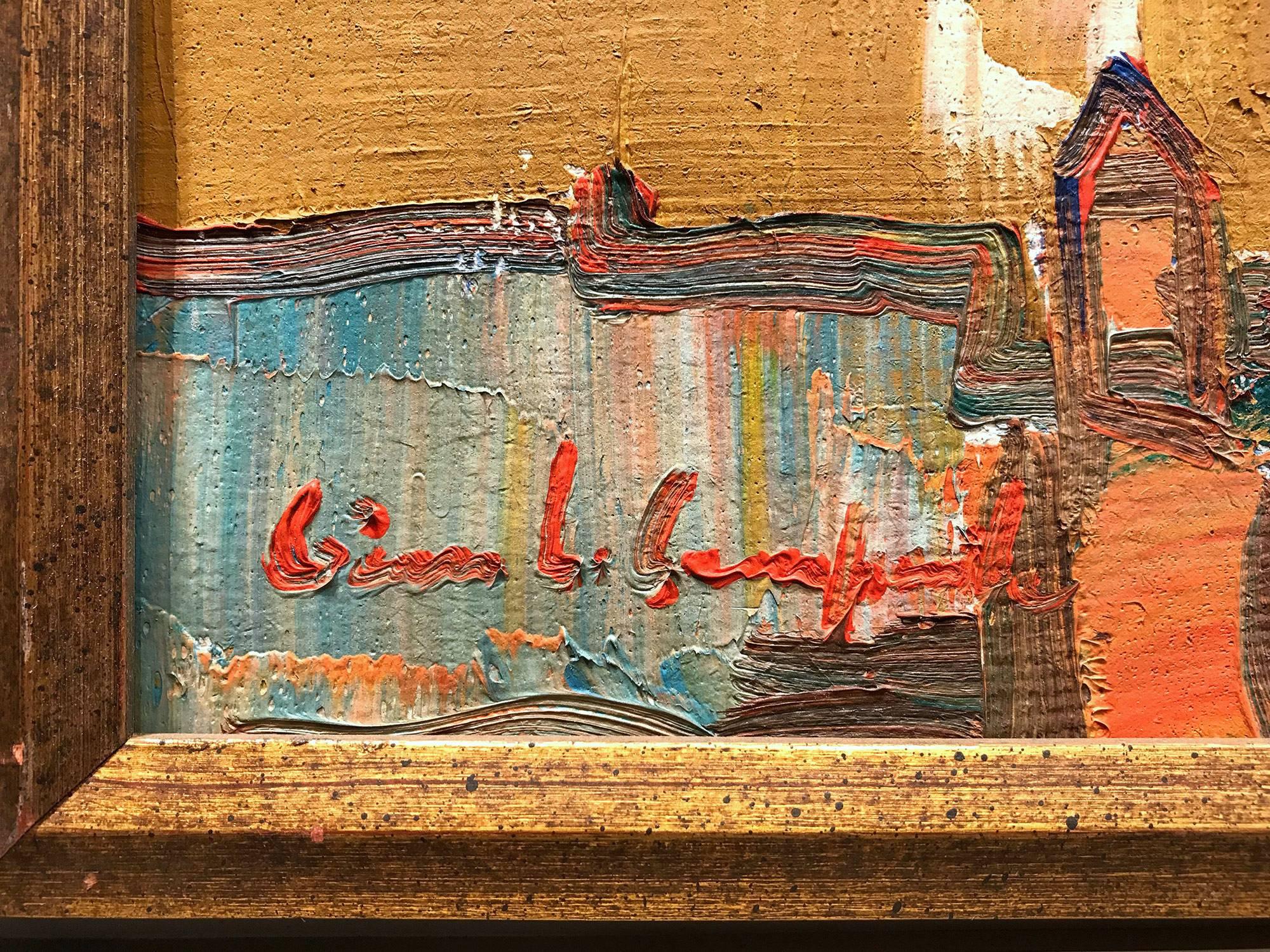 A large Mid-20th Century oil painting landscape depicting boats docked along a Marian in Italy with the town alongside. This piece has a strong presence with bold brushwork and heavy use of paint. A classic Mid Century Modern piece detailing the