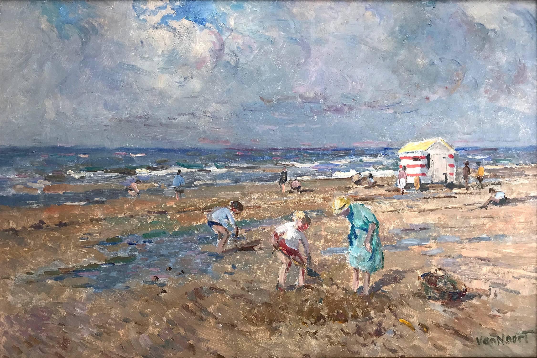 Beach Scene with Figures and Beach Hut - Painting by Arie C. Van Noort