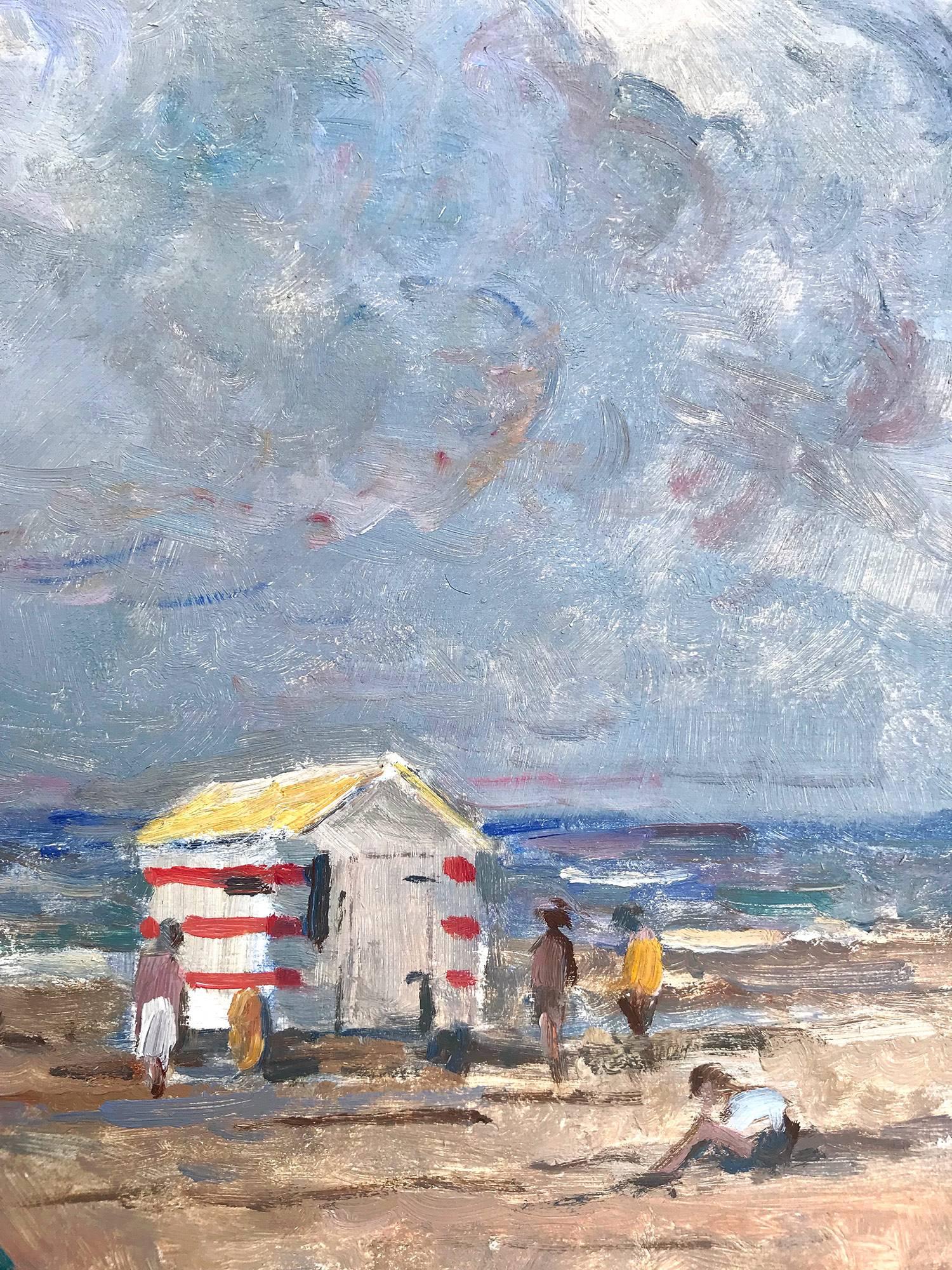 Beach Scene with Figures and Beach Hut - Impressionist Painting by Arie C. Van Noort