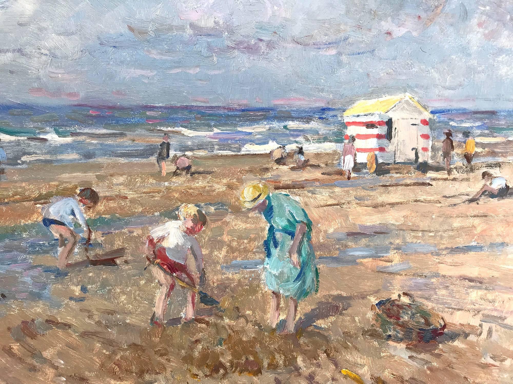 Strandszene mit Figuren und Strandhütte (Impressionismus), Painting, von Arie C. Van Noort