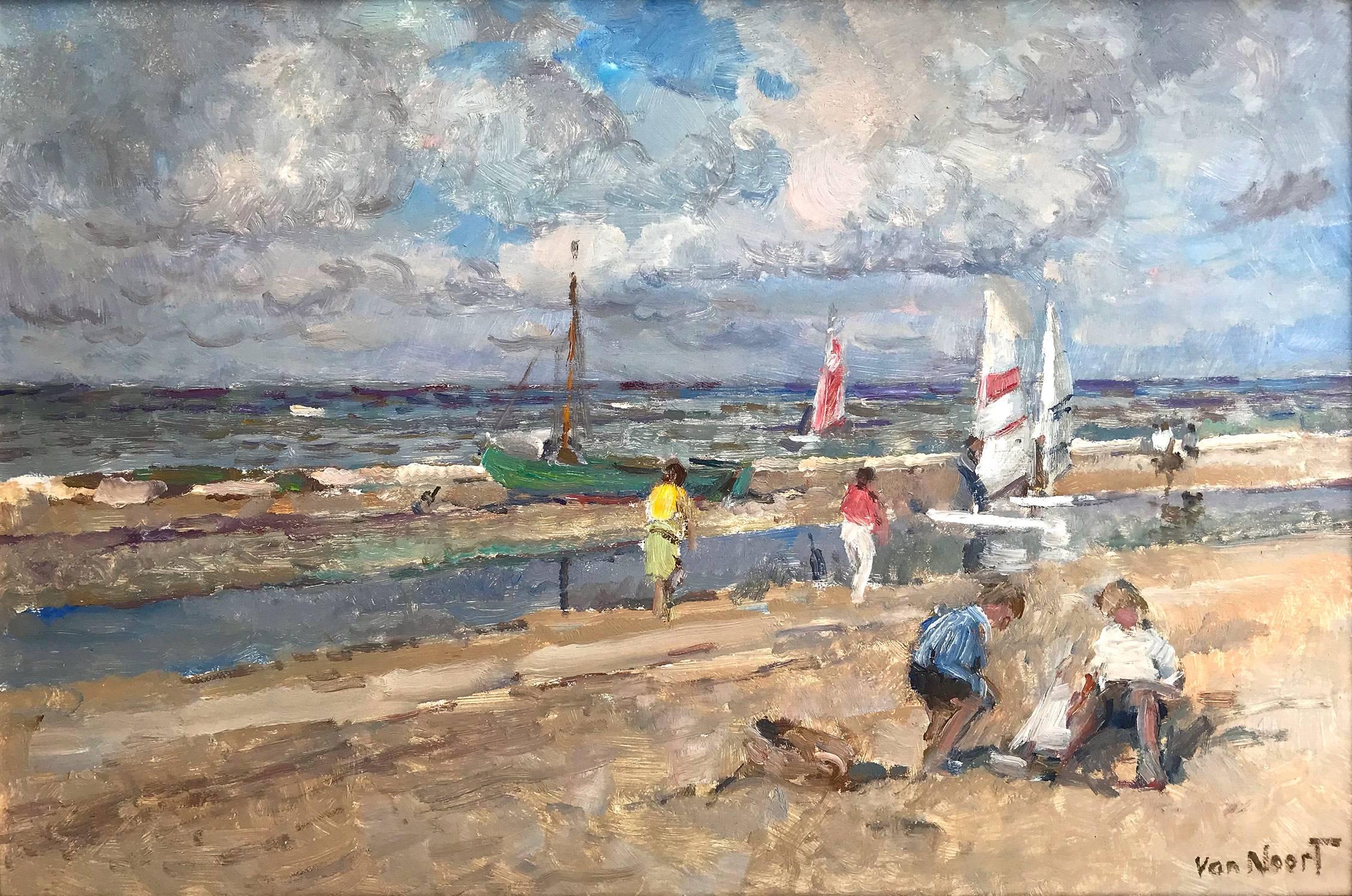 Beach Scene with Figures and Sailing Boats - Painting by Arie C. Van Noort