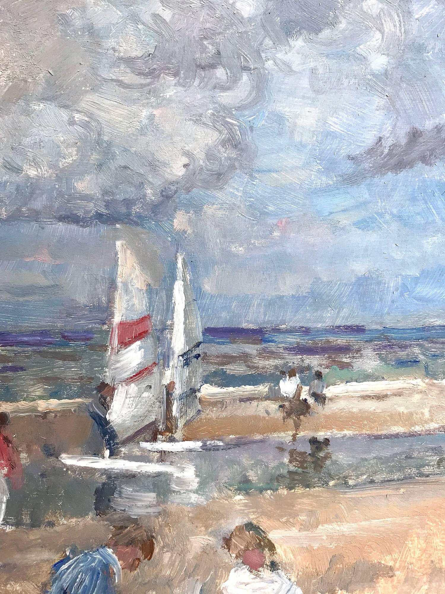 Beach Scene with Figures and Sailing Boats - Brown Figurative Painting by Arie C. Van Noort