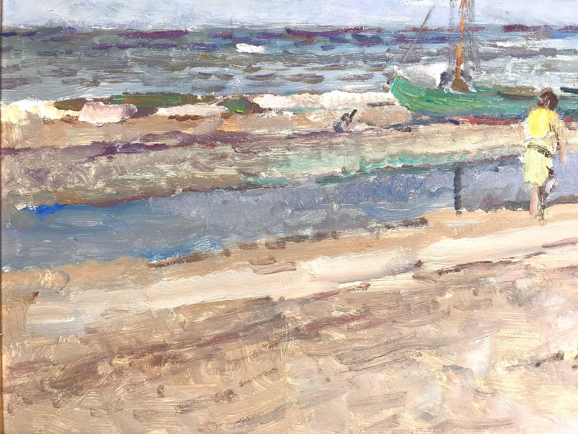 A wonderfully rich beach scene done in the Mid-20th Century depicting figures in the sand with sailing boats in the distance. The impressionist details are greatly admired as Arie van Noort is considered one of the last representative of The Hague