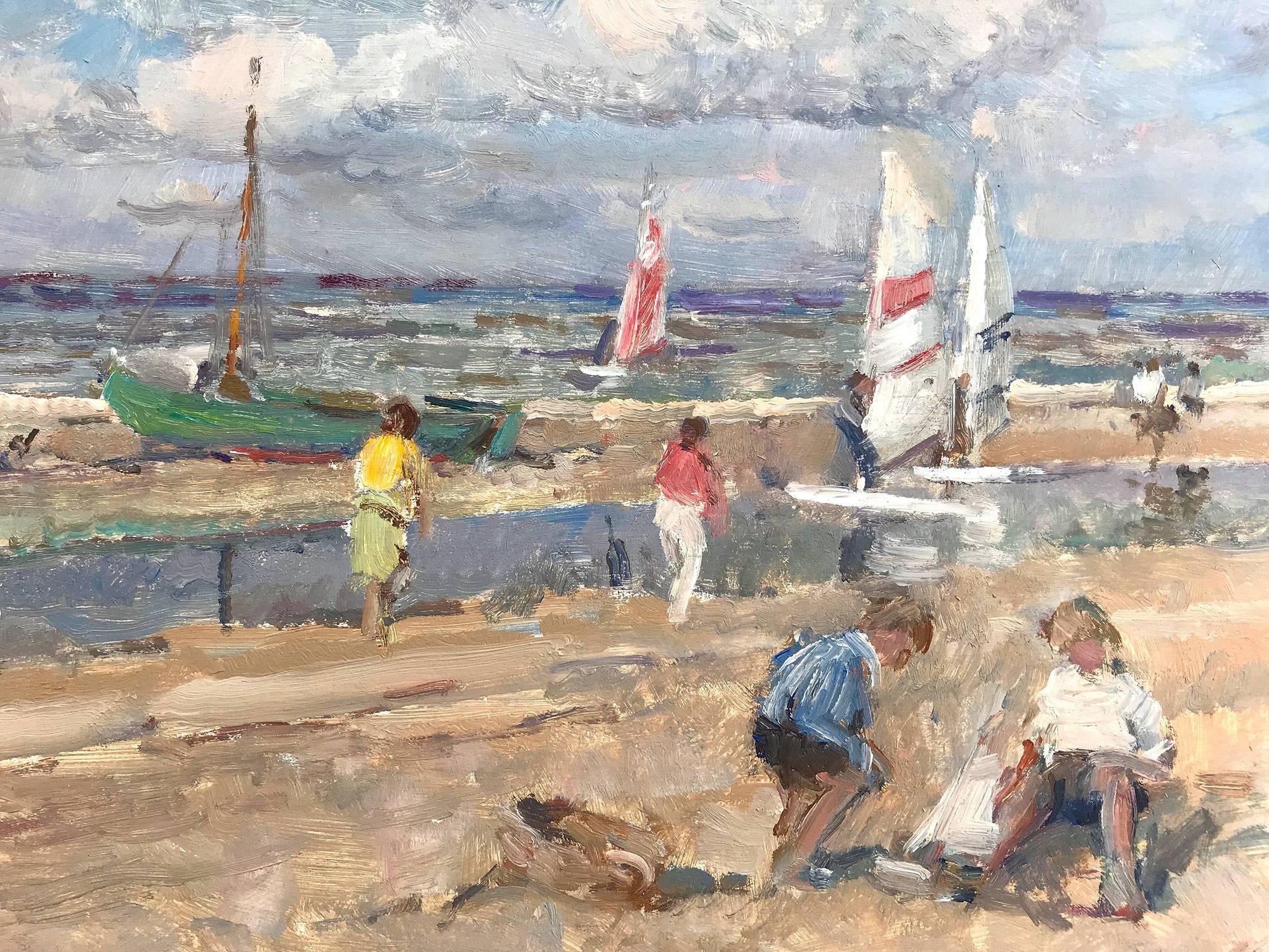 Beach Scene with Figures and Sailing Boats - Impressionist Painting by Arie C. Van Noort