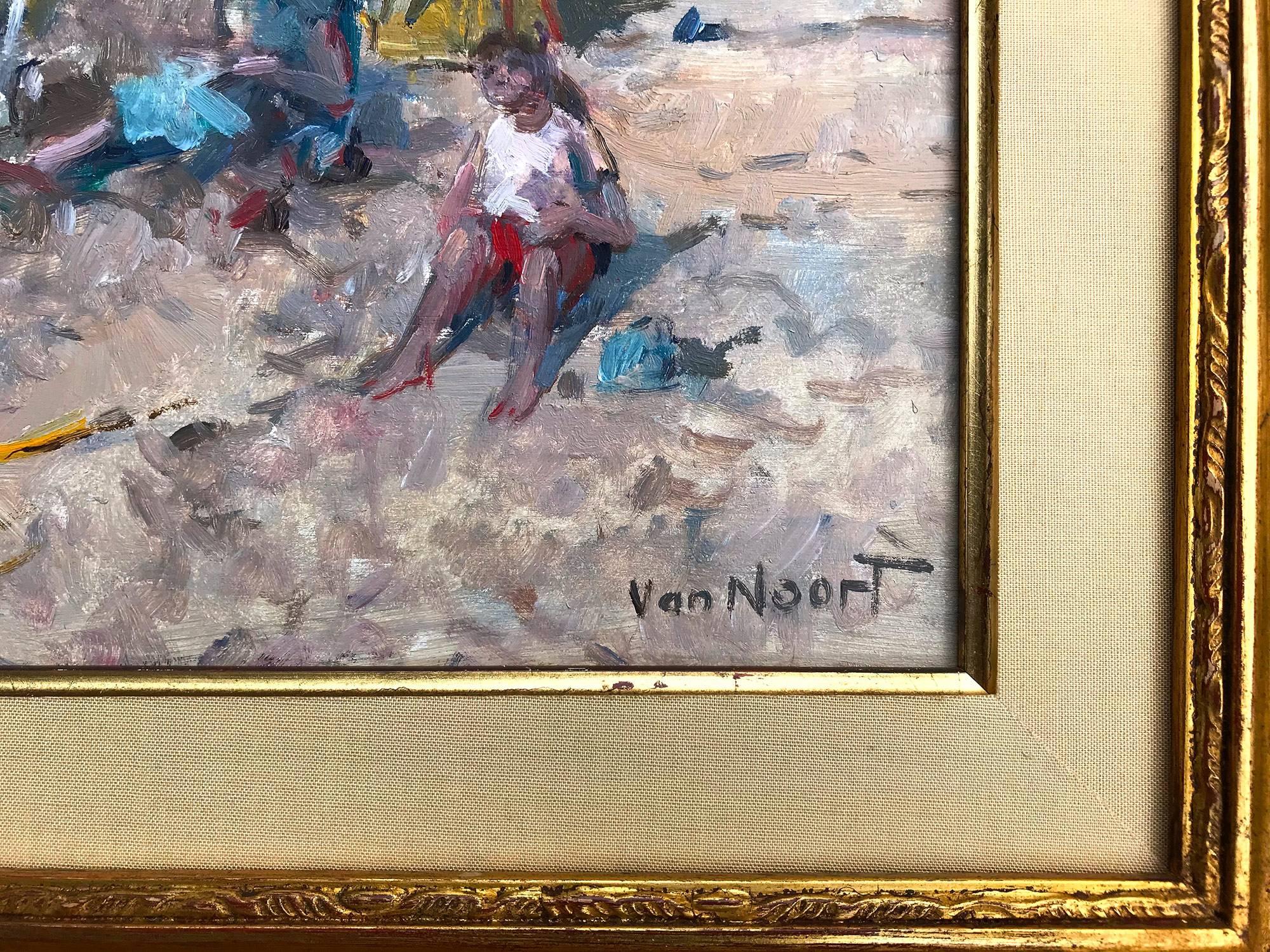 Beach Scene with Figures and Parasol - Impressionist Painting by Arie C. Van Noort