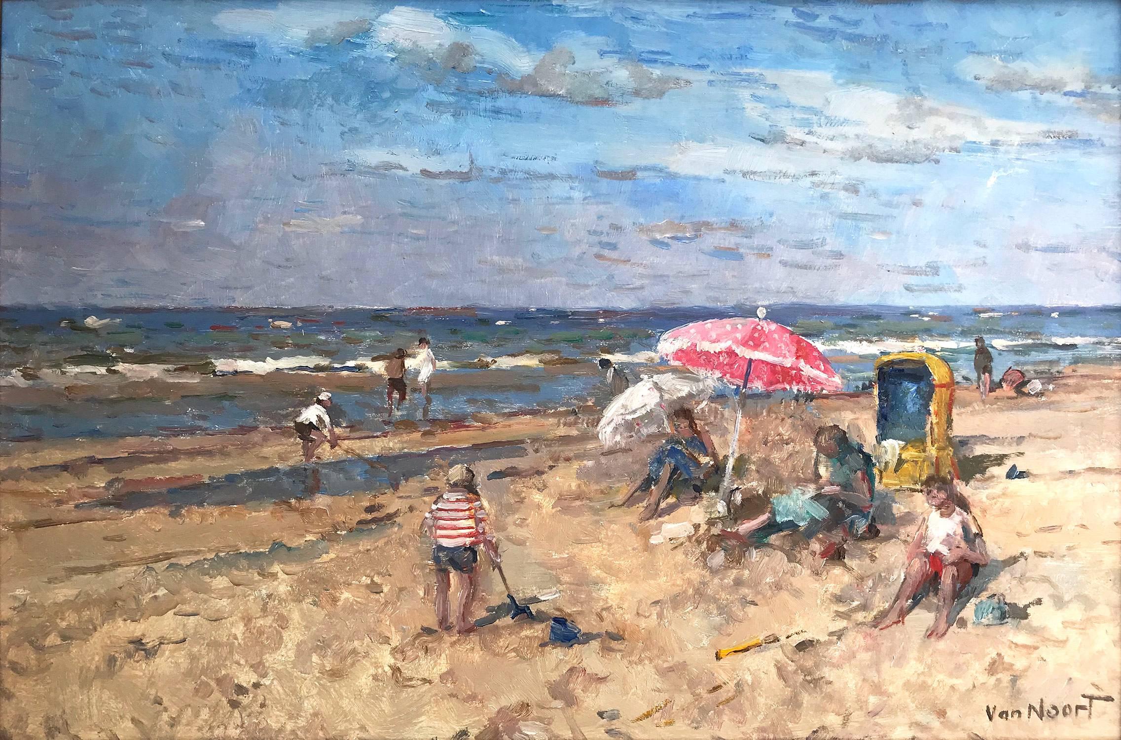 Beach Scene with Figures and Parasol - Painting by Arie C. Van Noort