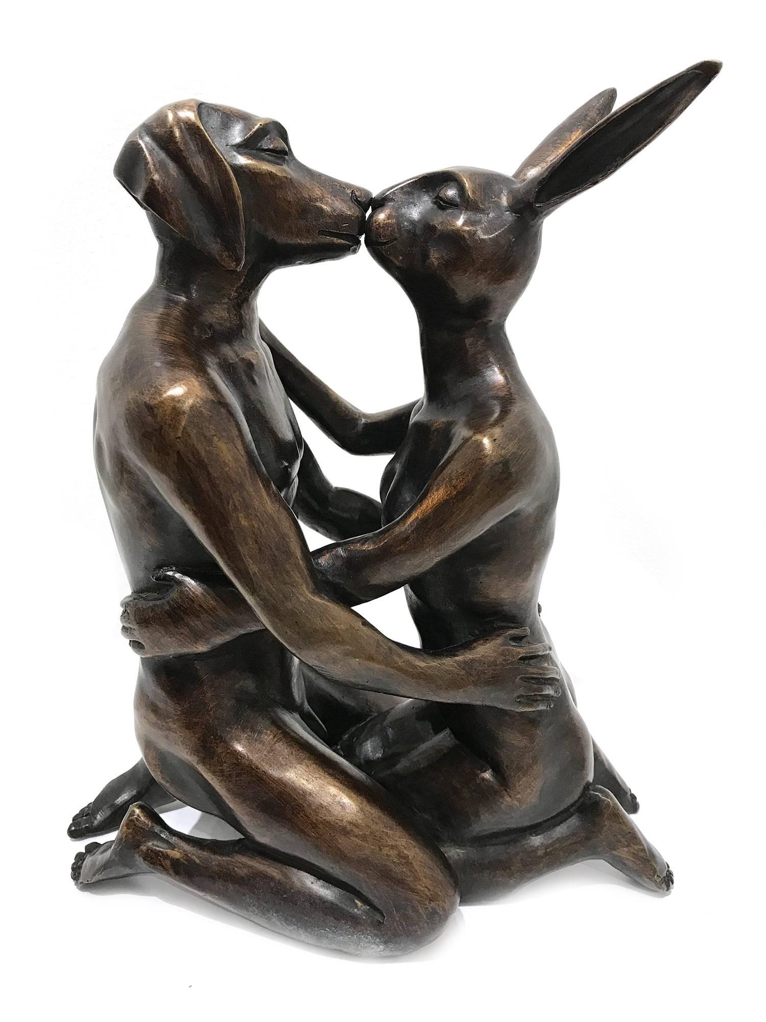 A whimsical yet very strong piece depicting the two figures from Gillie and Marc's iconic figures of the Dog/Bunny Human Hybrid (Weim and Rabbit), which has picked up much esteem across the globe. Here we find the figures embracing in a gentle kiss,