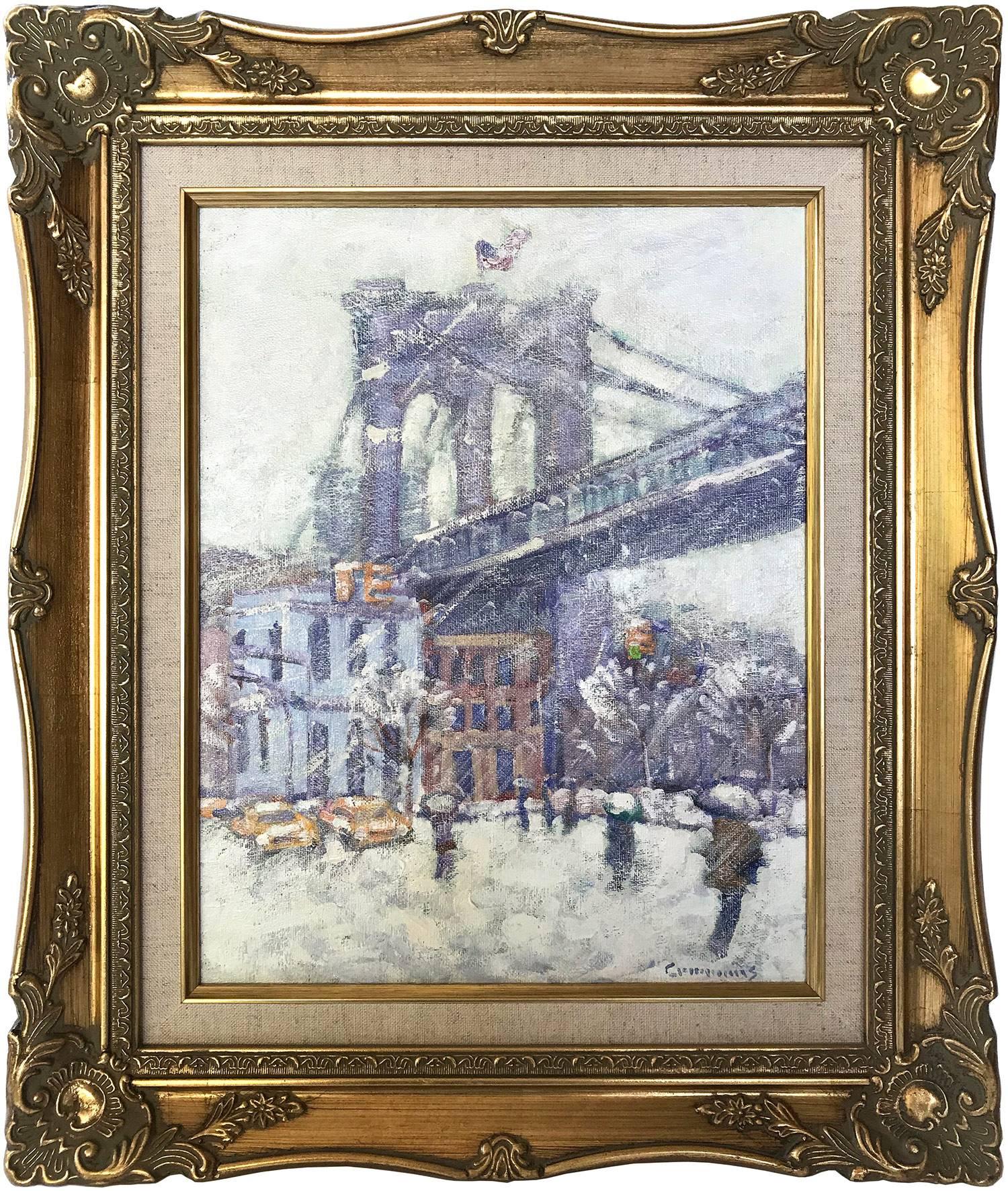 John Crimmins Landscape Painting - "Brooklyn Bridge" Impressionist Street Scene Oil Painting on Canvas Board