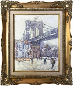 "Brooklyn Bridge" Impressionist Street Scene Oil Painting on Canvas Board