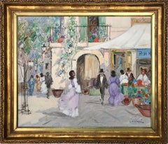 market scene paintings "Parisian Market Scene with Figures" Impressionist Oil on Canvas Painting