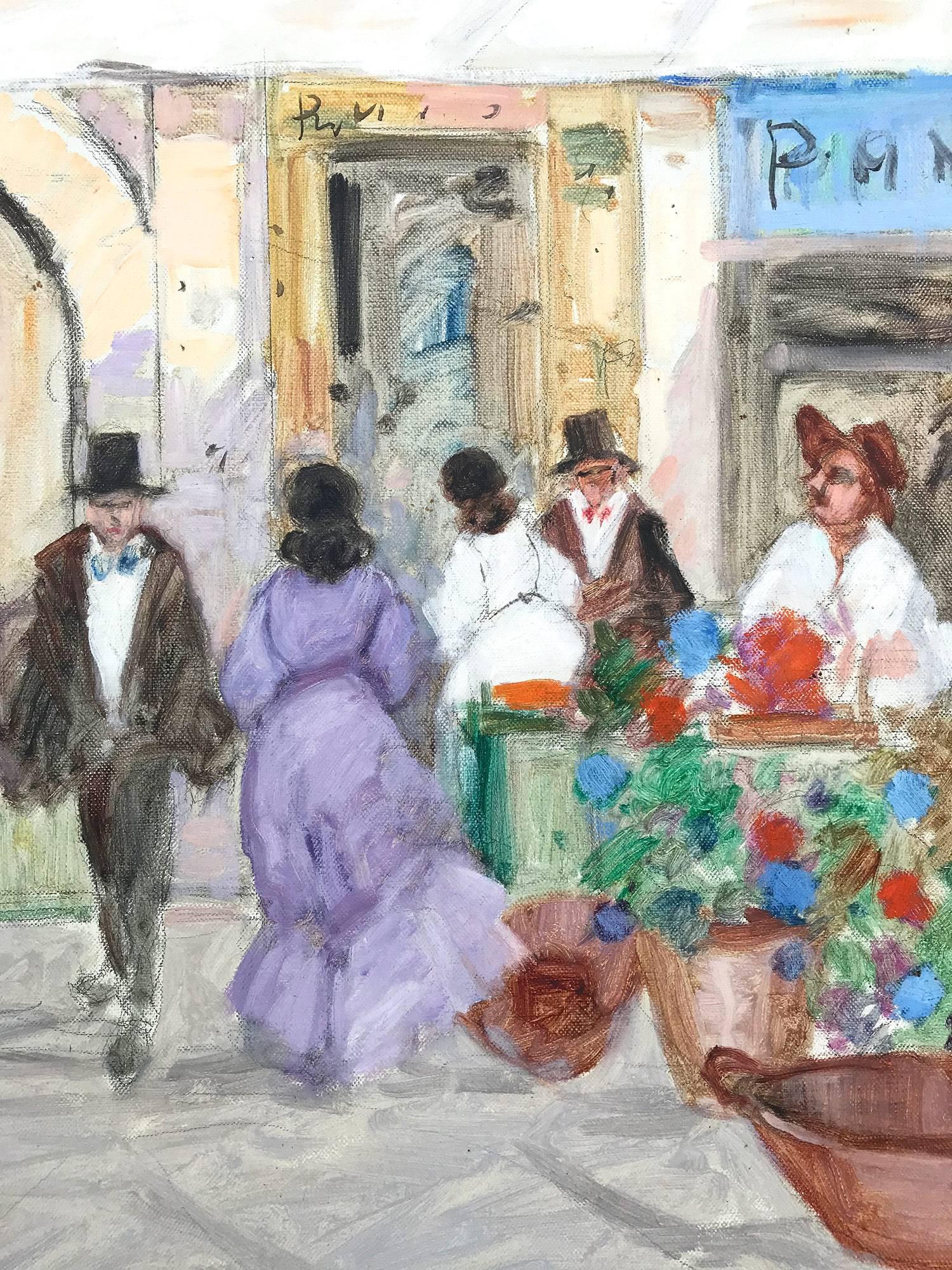 A whimsical oil painting depicting a market-place scene in Paris, France by Luigi Cagliani. As an Italian Impressionist artist, most of Cagliani's works were produced in the first half of the 20th Century. He was known for his charming compositions