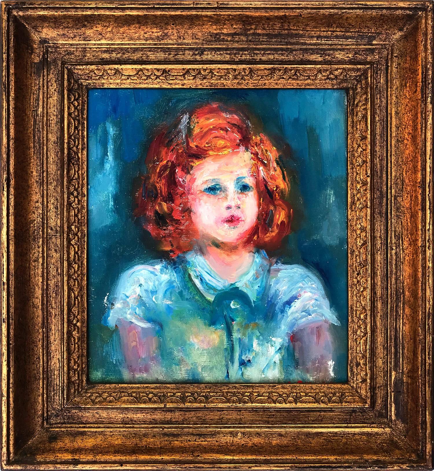 Jacques Zucker Portrait Painting - "Portrait of Young Girl in Blue Dress" Post-Impressionism Oil Painting on Canvas