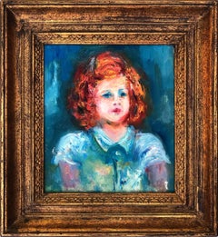 Vintage "Portrait of Young Girl in Blue Dress" Post-Impressionism Oil Painting on Canvas