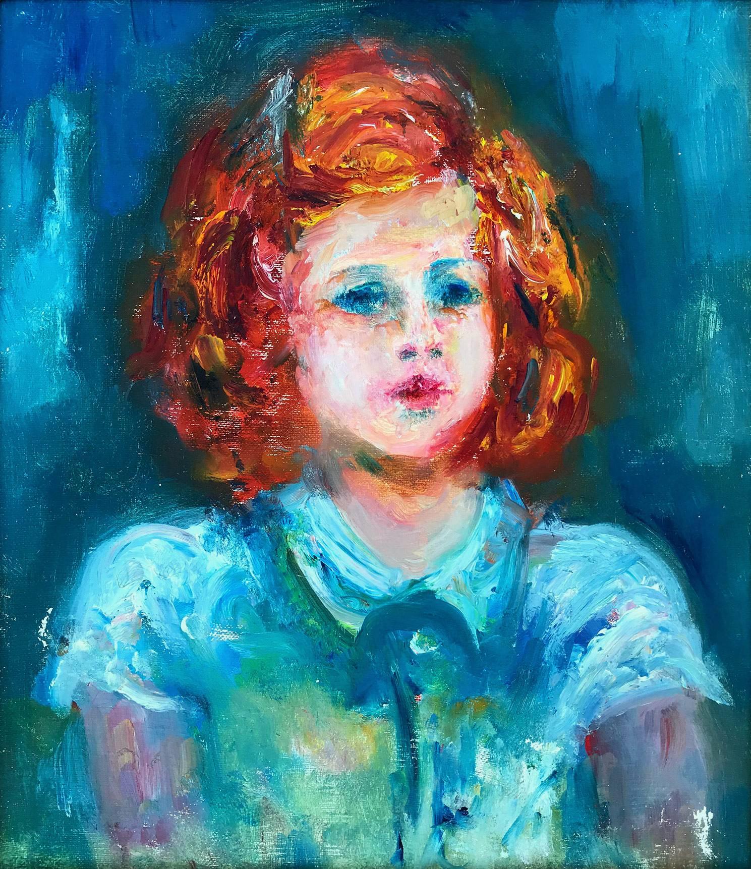 little girl in blue dress painting