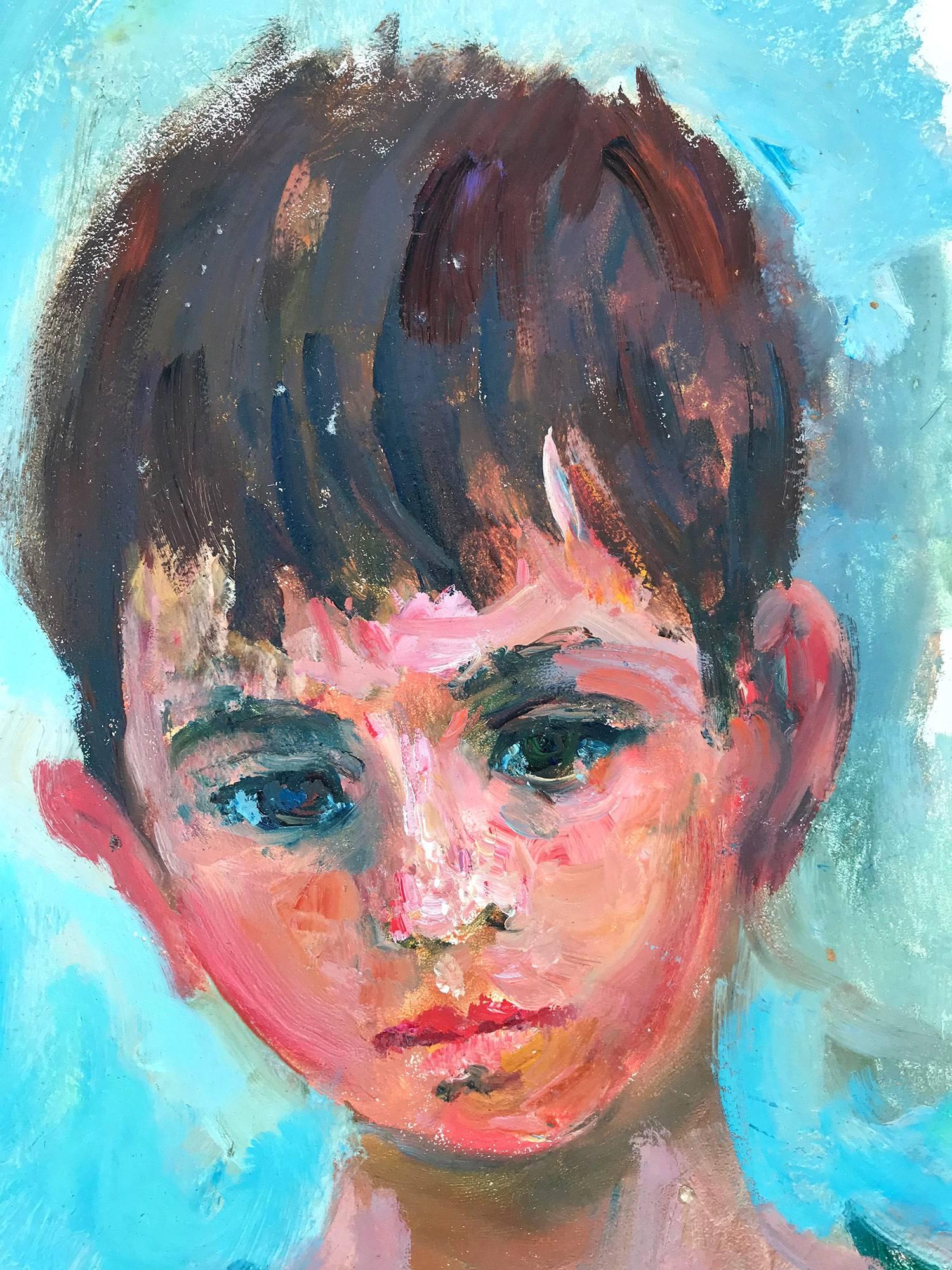 Portrait of a Young Boy in Blue - American Impressionist Painting by Jacques Zucker